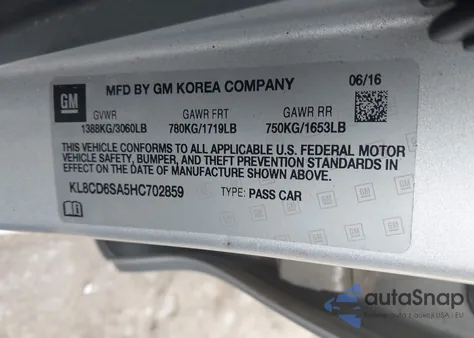 2017 Chevrolet Spark 1Lt Cvt из США, поврежденный, VIN KL8CD6SA5HC702859